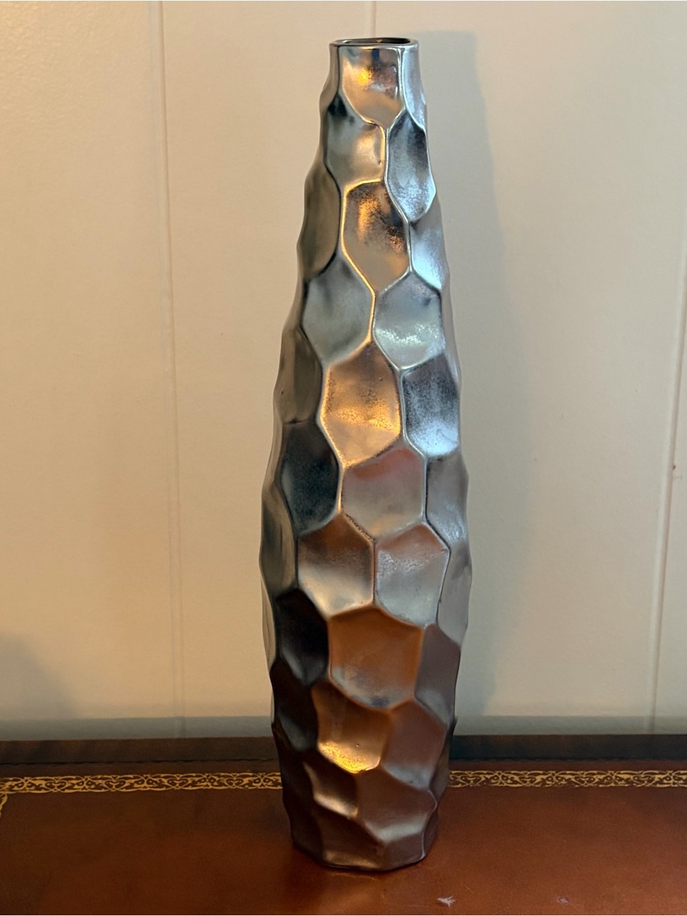 Decorative Modern Vase Silver Hammered Honeycomb Metal 15” tall